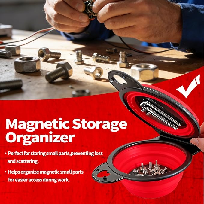 Collapsible Magnetic Parts Tray Set, New Upgraded Version Magnetic Trays, Integrated 5.1" Round Dual Silicone Bowls, Multi-Use Nuts And Bolts Organizer, Bonus Hook for On-the-Go Carry (red2.0)