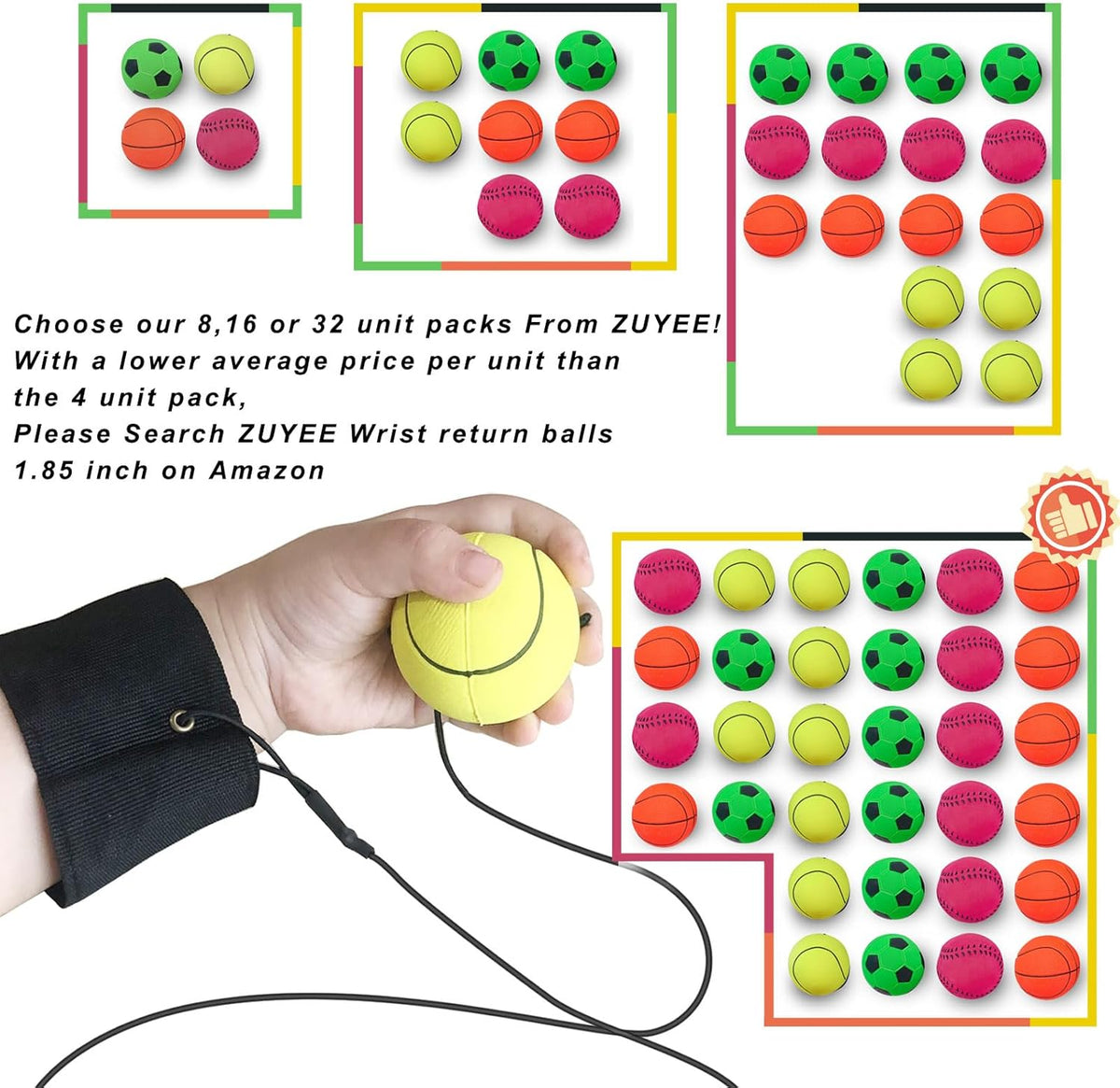 ZUYEE Wrist Return Ball Set - 1.85 Inch Rubber Rebound Balls for Sports | Perfect Gift for Kids