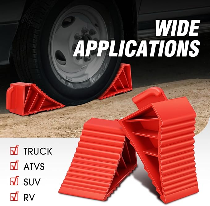 DNA MOTORING 2pcs Wheel Chocks Tire Chocks, Trailer Wheel Chocks RV Wheel Chocks for RV Trailer, Keeps Trailer in-Place, with Handle, Red, 2-Pack, TOOLS-00698