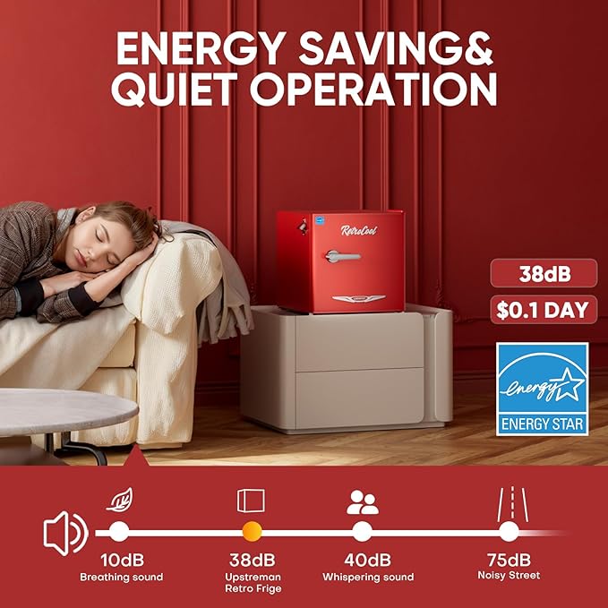 Upstreman 1.7 Cu.Ft Retro Mini Fridge, Low Noise, Energy Saving, Adjustable Thermostat, Single Door, Side Bottle Opener, Metal Handle, Compact Refrigerator for Office, Bedroom, Dorm-FR17 PRO (Red)