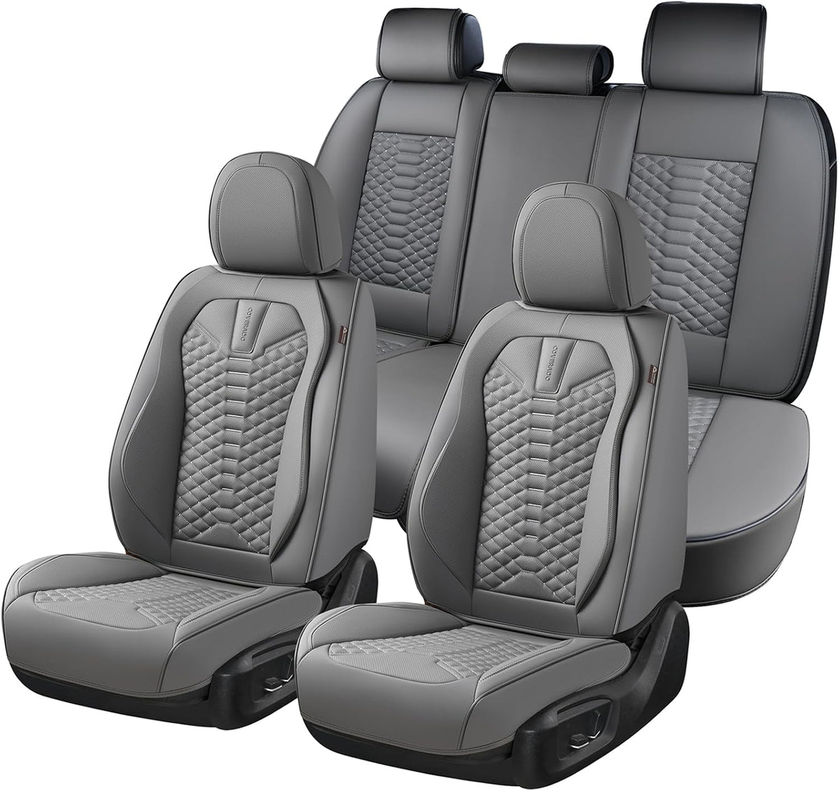 Coverado Car Seat Covers Full Set, Nappa Leather Seat Covers for Cars, Universal Waterproof Seat Covers, Front and Back Car Seat Protector, Automotive Seat Covers Fit for Most Cars, Gray