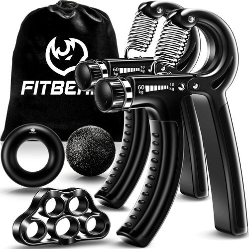 FitBeast Hand Grip Strengthener Kit - 5 Pack with Adjustable Resistance Grippers & Stress Relief Ball