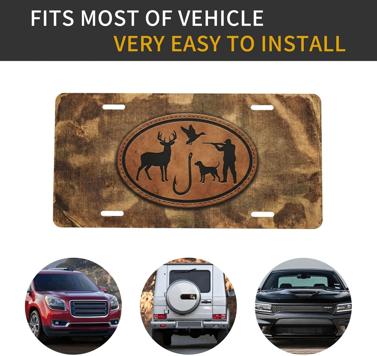 Hunting Camo Deer Duck Dog Aluminum License Plate 6x12 | Hunting Camo Decor, Standard 6x12 In, UV Printed Aluminum, 4 Pre-drilled Holes, Outdoor Front Plate, Not for DMV Use.