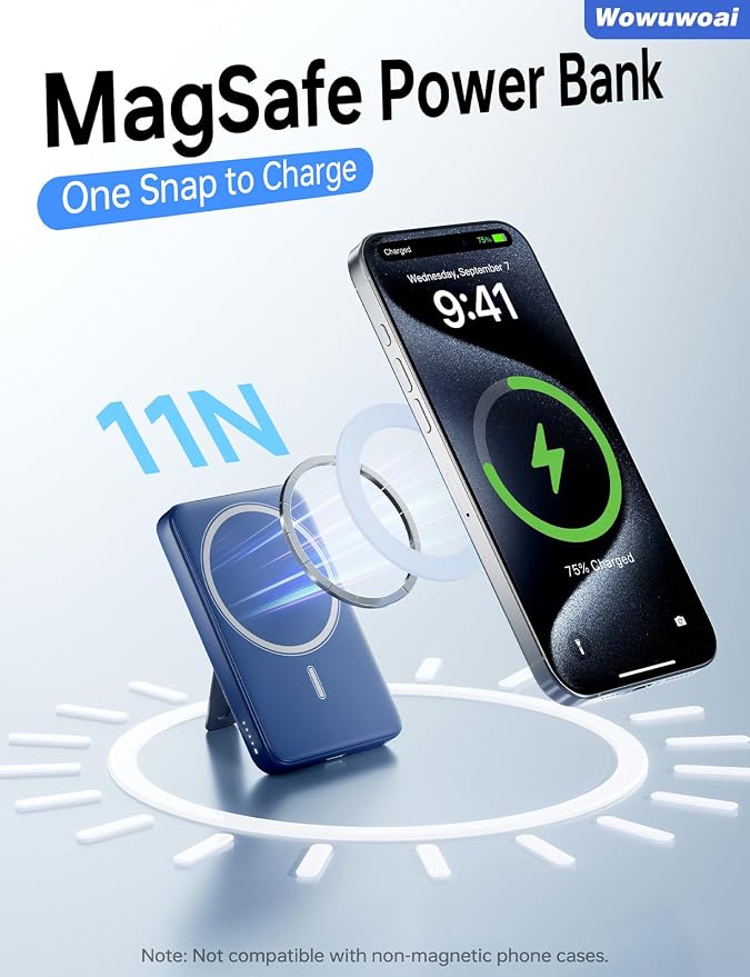 for Magsafe Portable Charger, 10000mAh Wireless Power Bank with Stand and PD 20W, USB C Fast Charging Powerbank, Magnetic Battery Pack Compatible with iPhone 17/16/15/14/13/12 Pro Max - Dark Blue