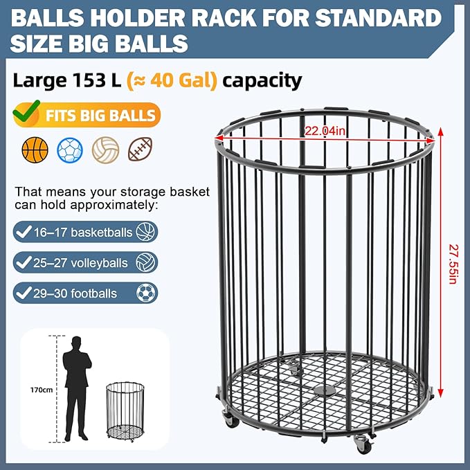 Garage Ball Storage: Round Sports Equipment Organizer with Wheels, Sports Ball Rack With Elastic Rope, Ball Holder for Basketball, Soccer, Volleyball, Football, Garage, Gym, Outdoor (Black)
