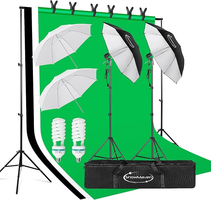 ShowMaven Photography Lighting, 6.5ft x 10ft Backdrop Stand and Umbrellas