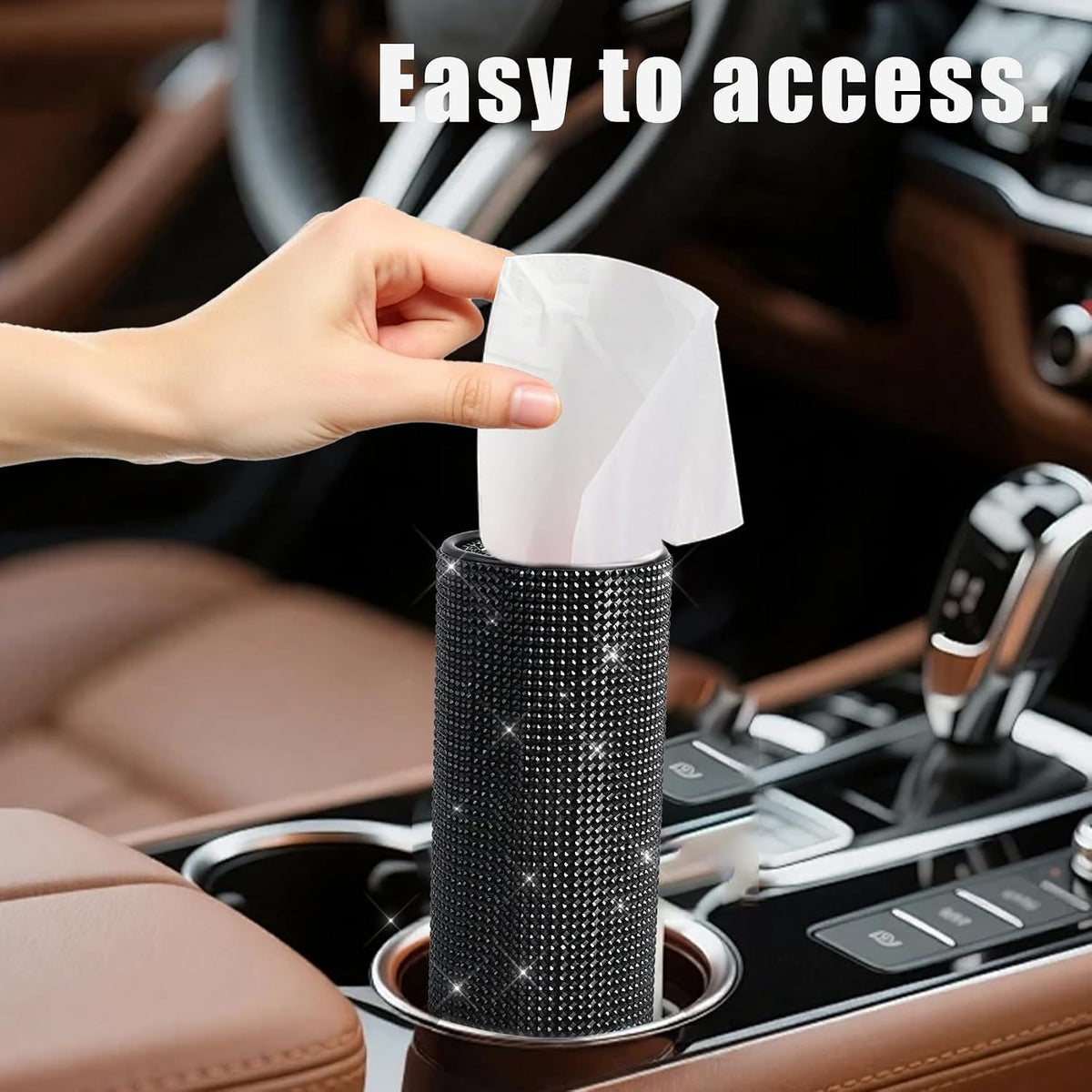 Bling Car Tissue Holder for Cup Holder, Car Organizer, Sparkly Diamond Automotive Interior Tissue Cylinder Storage Box, Cylinder Tissue Dispenser for Cars Decor Universal for Most Cars (Black)