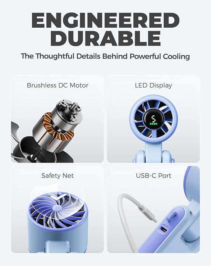 Diveblues Portable Handheld Turbo Fan, 5 Gear Wind, Battery Operated, Up to 12 Working Hours, 3 IN 1 Hand Fan with Air Turbo Tech Cooling Fan for Outdoor Activities, Travel, Working