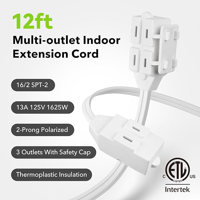 BN-LINK 2 Pack 12ft Indoor Extension Cord, 3 Outlet, 16/2 SPT-2, White, 2-Prong Polarized Plug, Household Power Cord for Home, Office & Holiday Decorations