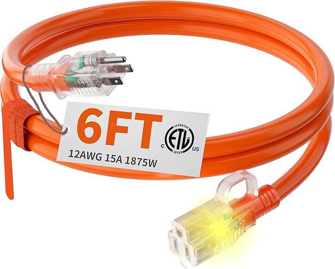 HUANCHAIN 12/3 Gauge Heavy Duty Outdoor Extension Cord 6 ft Waterproof with Lighted end, Flexible Cold-Resistant 3 Prong Electric Cord Outside, 15Amp 1875W 12AWG SJTW, Orange, ETL