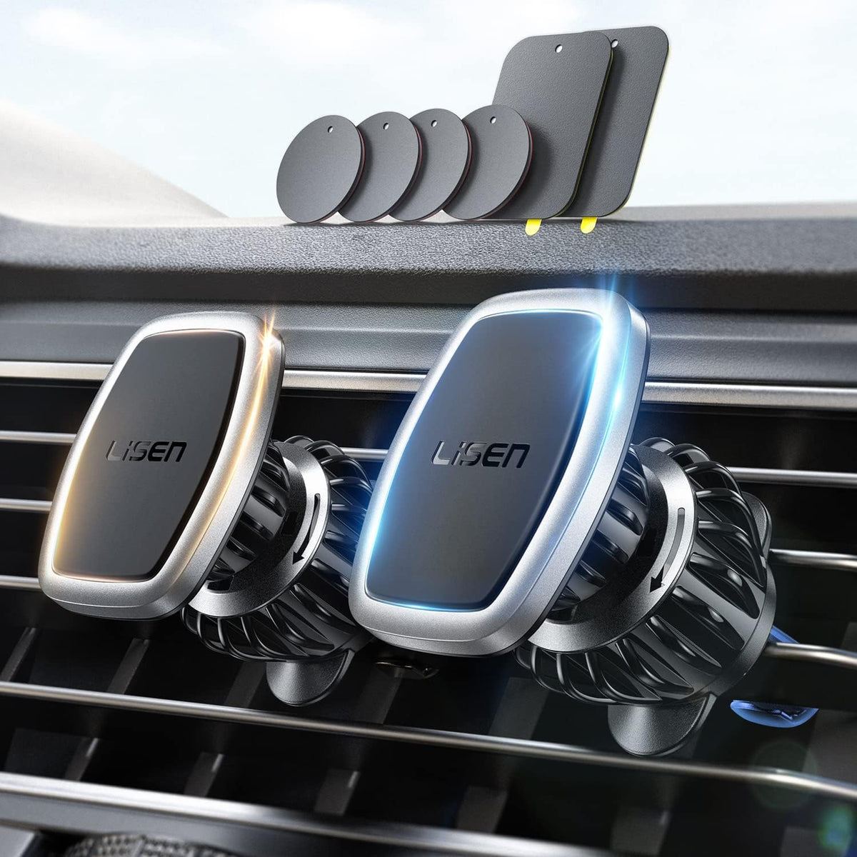 LISEN 2 Pack Magnetic Phone Holder for Your Car - 6 Military Magnets Vent Cell Phone Mount (Silver)