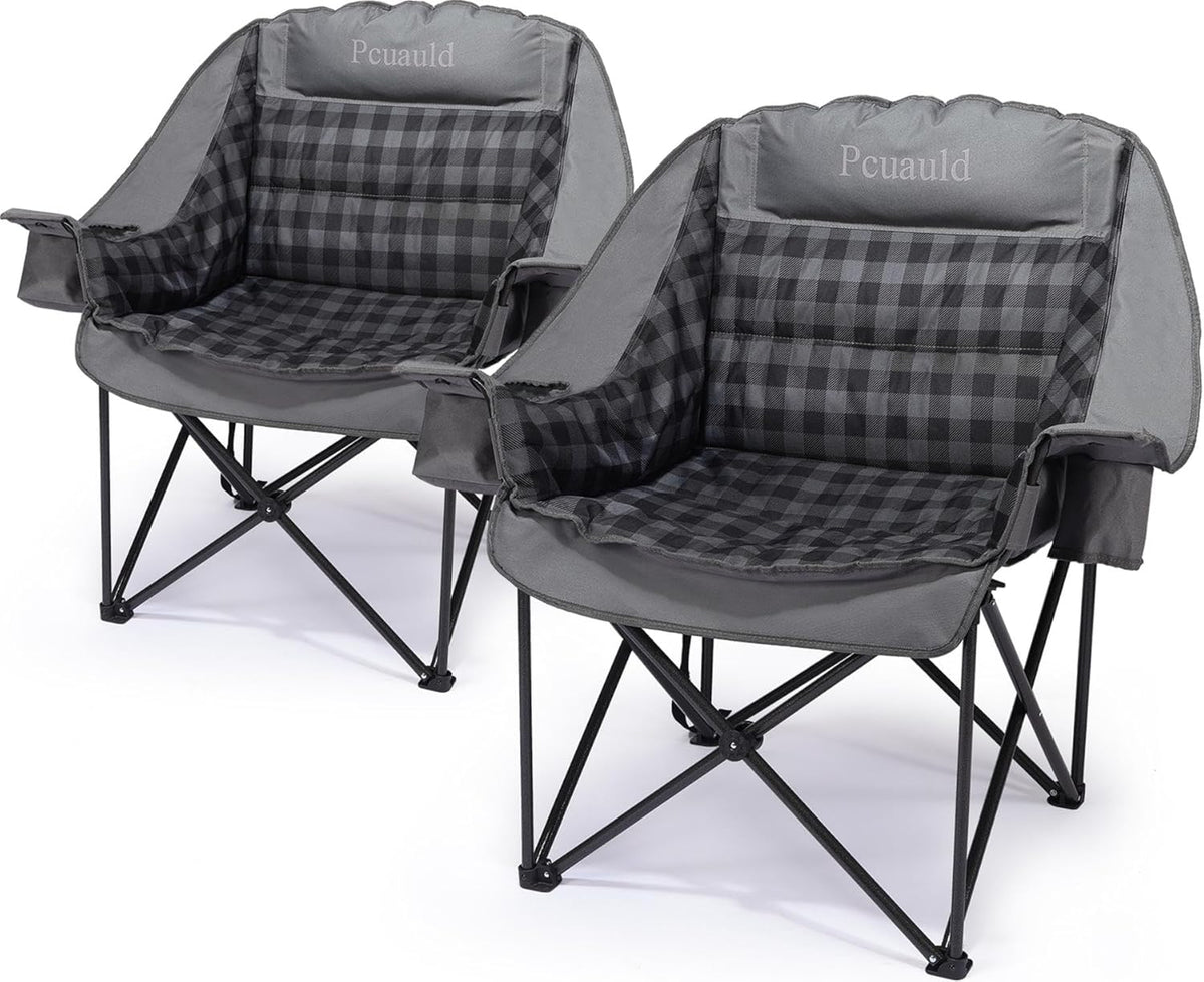 Skiennix Heavy-Duty Camping Chairs - 2 Pack XL Padded Folding Chairs with Cup Holder | Supports 500lbs