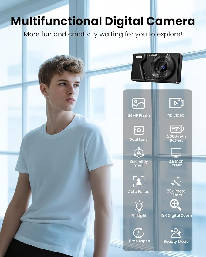 Digital Camera with Front Rear Lens, Autofocus 64MP 4K Camera