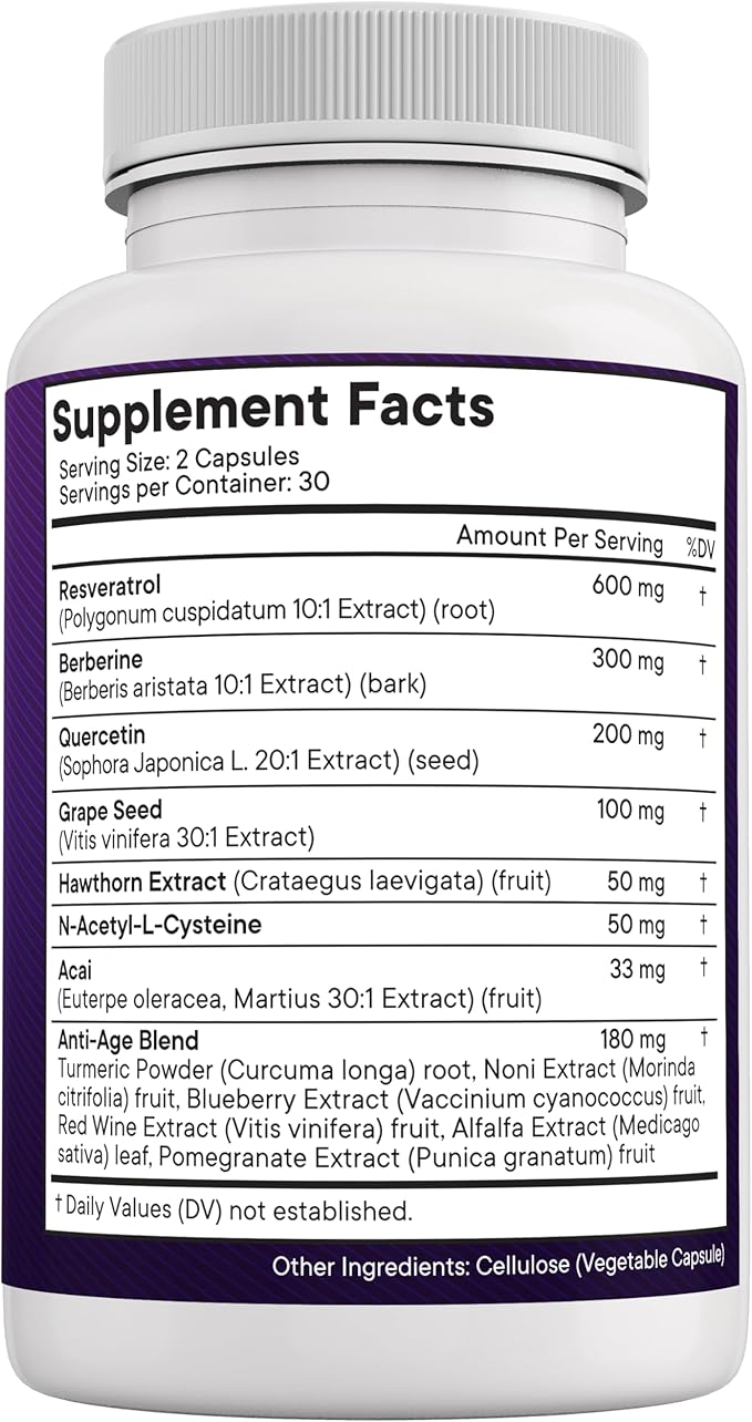 NEW AGE Resveratrol, Berberine, Grape Seed Extract, Quercetin - Polyphenol Supplement for Women and Men with Noni Extract, N-Acetyl Cysteine, Acai Extract - 60 Capsules