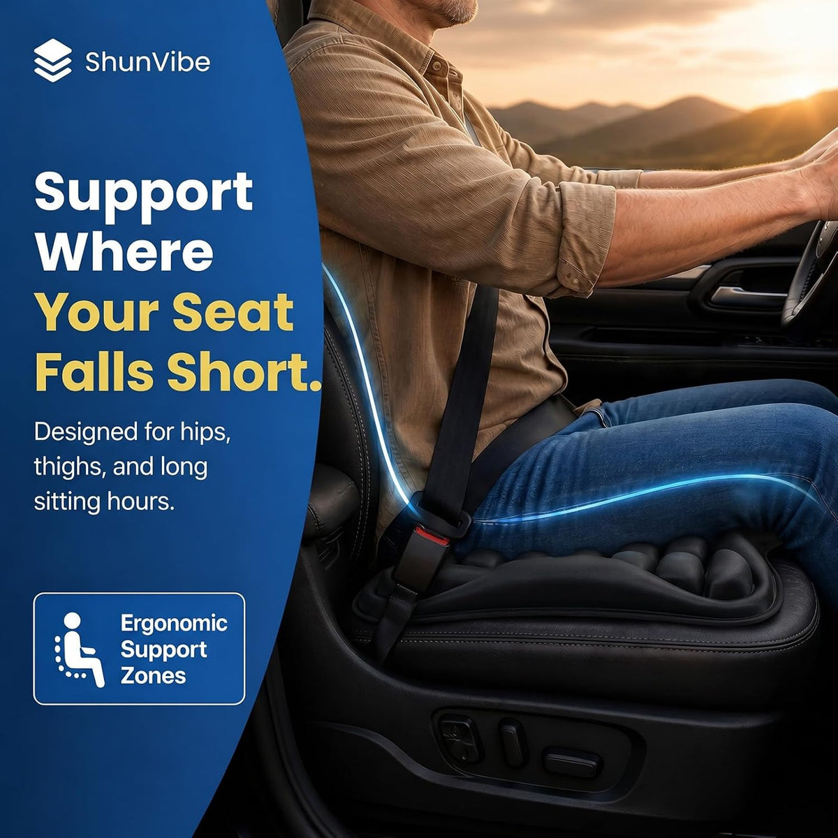 Car Seat Cushion for Long Drives, Pressure Relief Seat Pad with Built-in Pump, Adjustable Air Cell Cushion for Truck Drivers, SUV, Office Chair and Wheelchair