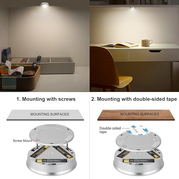 Wireless LED Puck Lights, Touch Activated Tap Ligh, Battery Operated Stick On Lights for Under Cabinet, Kitchen, Closet & Counters, 3-Pack, Silver