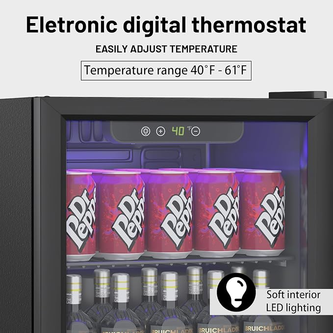 DOGHLY 1.3 Cu.ft Mini Fridge Glass Door, 60 Cans Beverage Refrigerator | Drink Fridge for Soda Beer Wine, Manual Temperature Control, Removable Shelf, Quiet Beverage Cooler for Office, Dorm, Bar