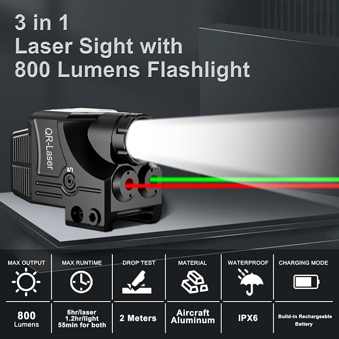 Red Green Purple Blue Laser Light Combo, 800 Lumens Tactical Flashlight Laser