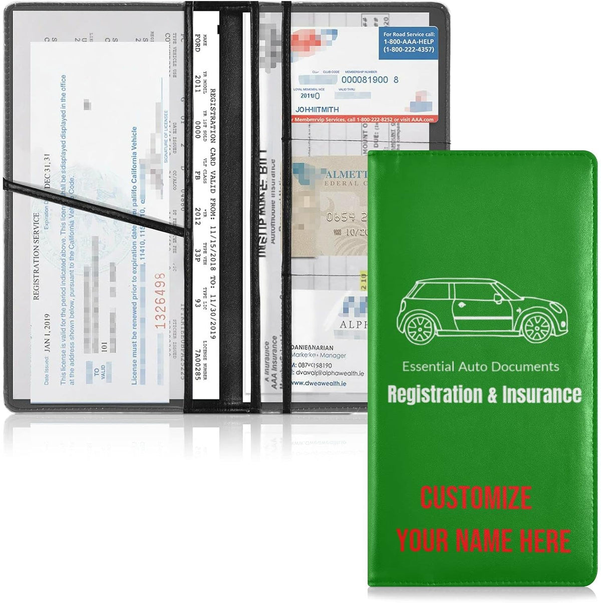 Custom Car Registration and Insurance Card Holder Personalized Leather Glove Box Organize Men Women Wallet Accessories Case for Cards, Essential Document Driver License Green
