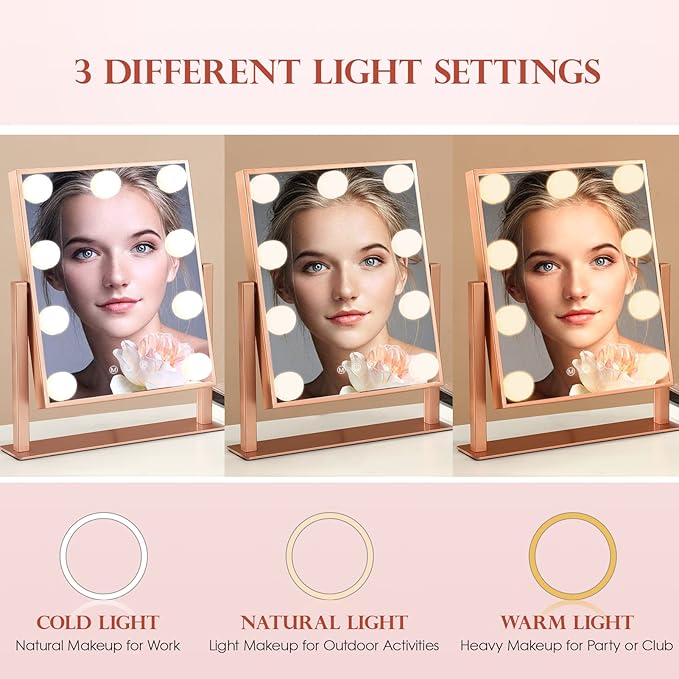 Makeup Mirror with Lights, Hollywood Mirror Lighted Vanity Mirror with 9 LED Bulbs, Touch Control Design 3 Colors Dimmable Bulbs Detachable 10X Magnification 360°Rotation(Rose Pink)