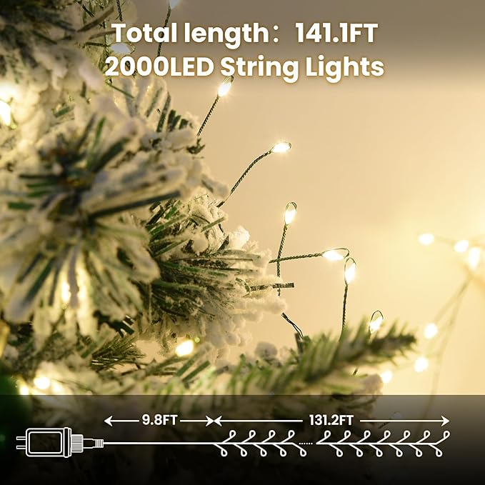 Fairy Lights Plug in, Dailyart 2000 Led Twinkle String Light with Remote 130Ft Waterproof 8 Modes Warm Cluster Lights with Timer for Bedroom Wreath Window Wedding Christmas Tree Decoration, Green Wire