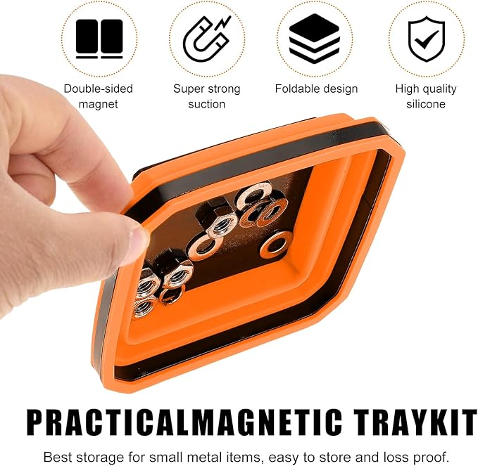 2 PCS Collapsible Magnetic Parts Tray, 4.5 Inch Foldable Magnetic Square Silicone Tray, Tool Tray Set with Double-Sided Magnetic Base for Screw Bolts Nuts Pins, Car Accessories (Orange+Red)