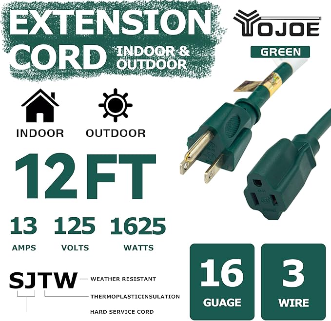 YOJOE Indoor Outdoor Extension Cord, 3 Prong 13A Weatherproof Power Cord, 16 Gauge Heavy Duty 12 ft Green Extension Cord for Garage, Garden and Home, 16/3 SJTW UL Listed