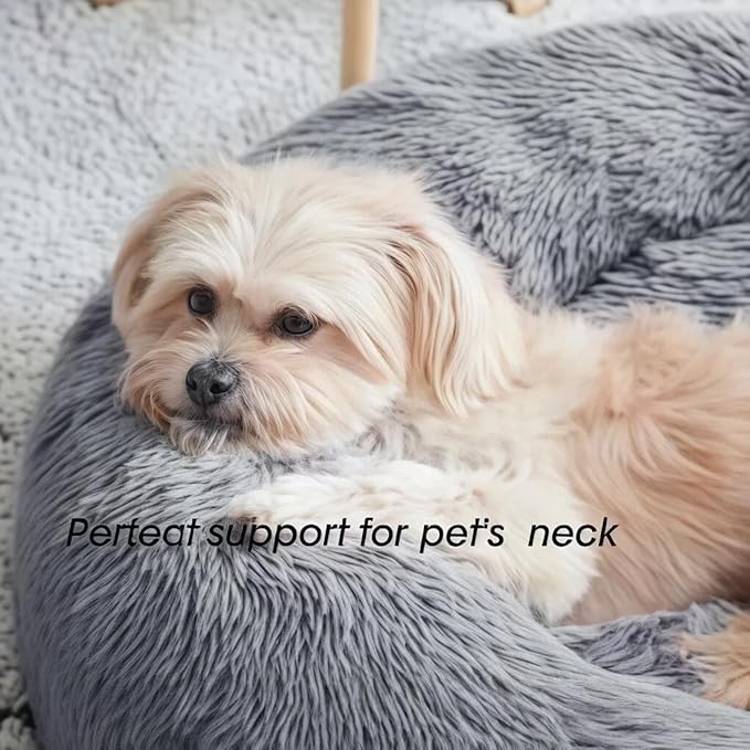 SALAN Calming Donut Dog Bed for Small Dogs and Cats, 16 Inch Round Plush Faux Fur Pet Bed, Washable Fluffy Self Warming Anti Anxiety Cuddler Bed for Puppy, Kitten, Indoor Cats (Brown)