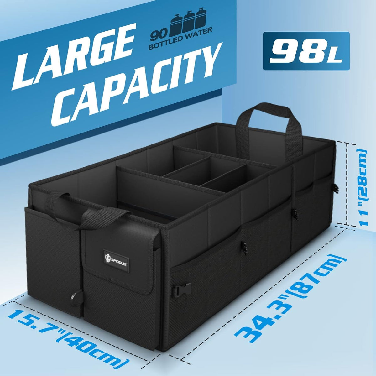 Sposuit Trunk Organizer for Car - Collapsible Trunk Storage with 11 Pockets & Reinforced Handles, SUV Trunk Organizers for Grocery Cargo(Black)