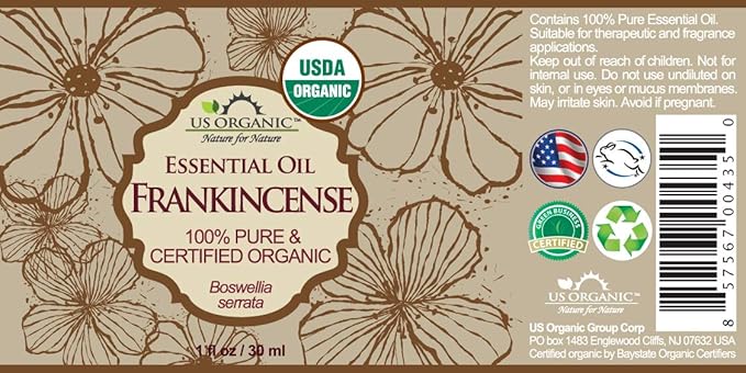 US Organic 100% Pure Frankincense Essential Oil, USDA Certified Organic, Steam Distilled, Boswellia serrata, Sourced from India, Topically or in Diffuser, Perfect for Aging Skin, All skin type (30 ml)