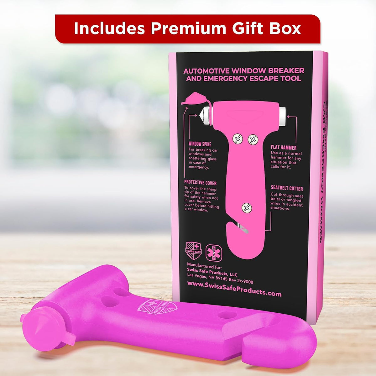 Swiss Safe 5-in-1 Emergency Car Safety Hammer – Car Window Breaker &amp; Seatbelt Cutter, Heavy-Duty Escape Tool for Vehicle Emergencies and Auto Kits – Pink, 1 Pack
