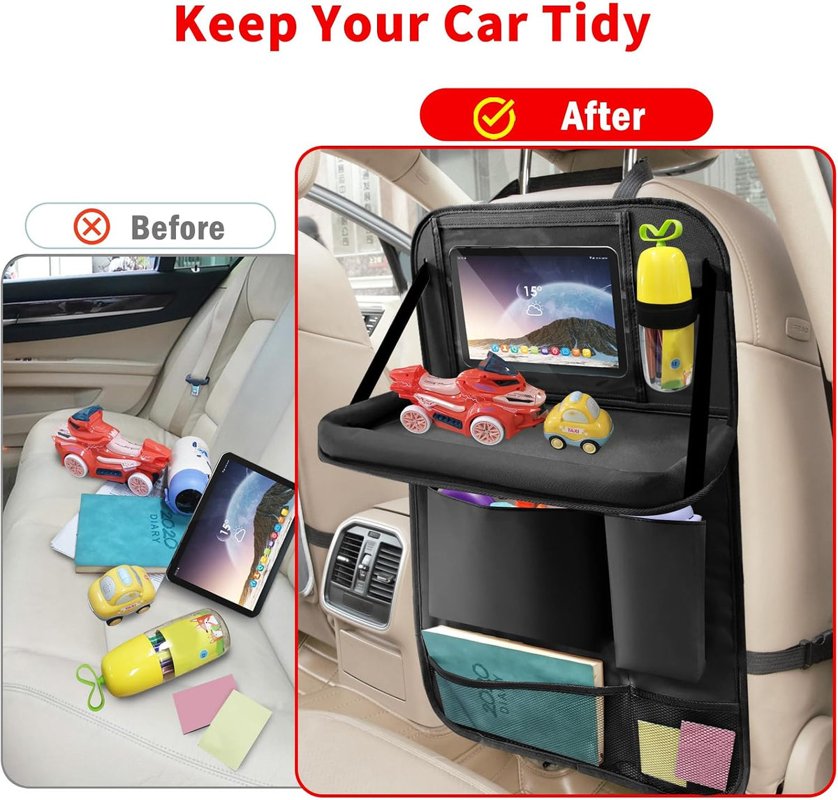 Car Backseat Organizer with Tablet Holder, 6 Storage Pockets Foldable Table Tray Seat Back Protectors Kick Mats Travel Accessories, 2 Pack Black