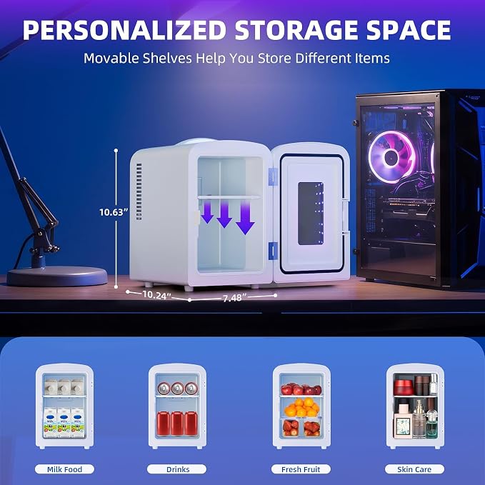Antarctic Star Mini Fridge 4 Liter/6 Cans Portable Mini Compact Refrigerator with Gaming Light, for Bedroom,Car,Office and Dorm, Small Cooler for Cosmetics, Beverage and Food, White
