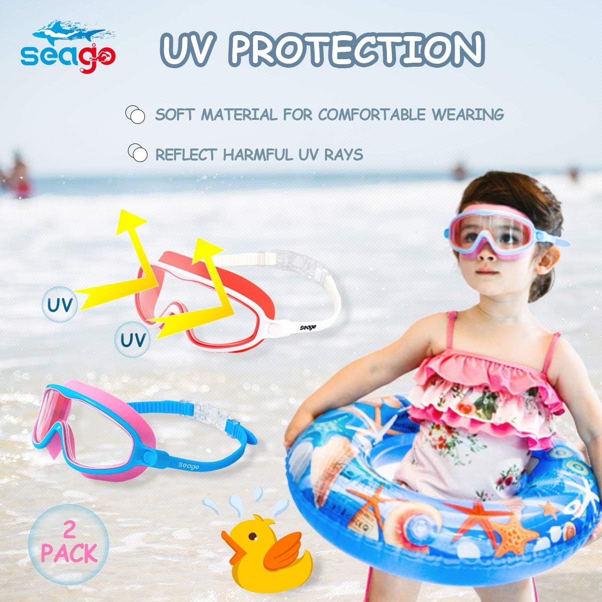 Seago Swim Goggles - Anti-Fog & Anti-UV Wide View Design for Kids Ages 3-15 | 2 Pack