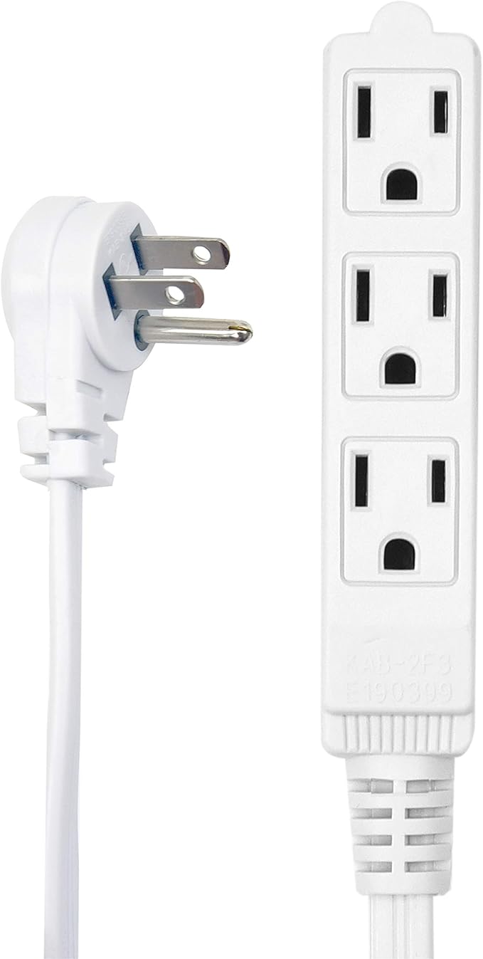 Flat Multiple Outlet Extension Cord 8 Ft for Indoor Use by Electes- UL-Listed 3-Prong Multi Extension Wire- Space-Saving Flat Angled Extension Cord- White