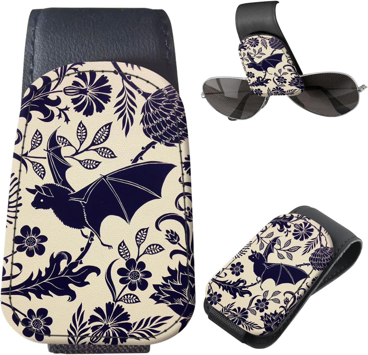 Sunglasses Holder for Car Visor, PU Leather Glasses Clip Organizer, Cute Magnetic Eyeglass Holder for Vehicle Sun Visor, Car Interior Accessory for Women & Men Dark Floral Lily