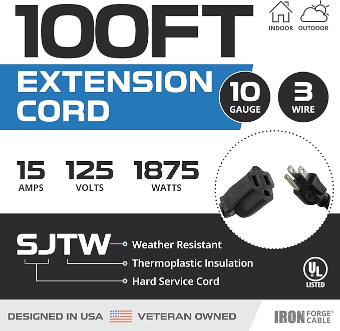 Iron Forge Cable 100 ft Outdoor Extension Cord - 10/3 SJTW Heavy Duty Black Extension Cable with 3 Prong 15 AMP Grounded Plug for Safety