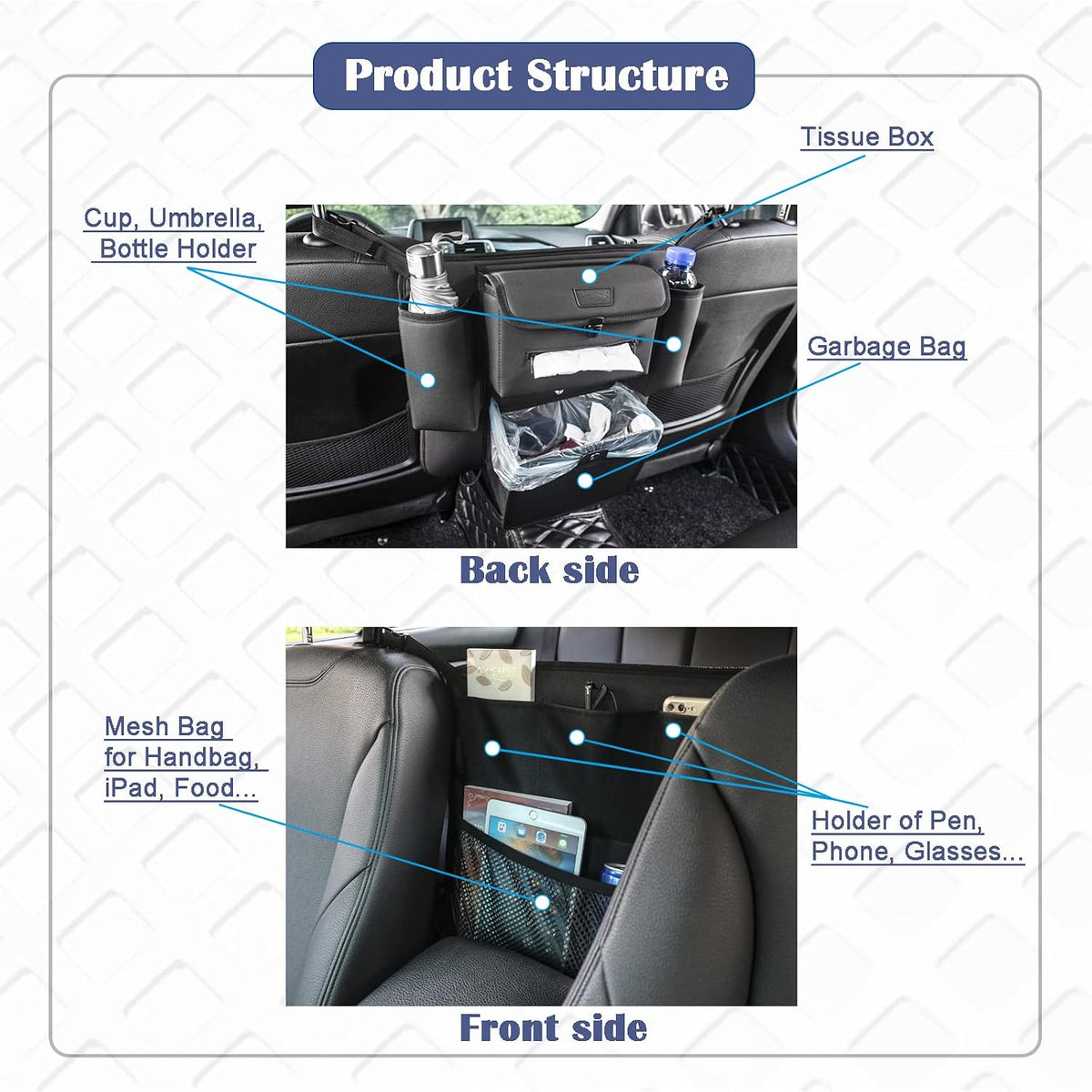 Car Organizer Between Seats, Garbage Trash Bag, Purse Holder, Dog Barrier | AMEIQ Car Accessories, Rubbish Can, Waster Litter Recycle Bin, Storage Bag Between Front Seats, Tissue Handbag Holder, Black
