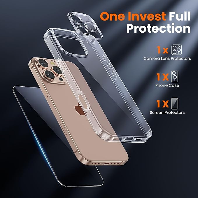 toushion 3 in 1 for iPhone 16 Pro Case Clear, Screen Protector *1 & Camera Lens