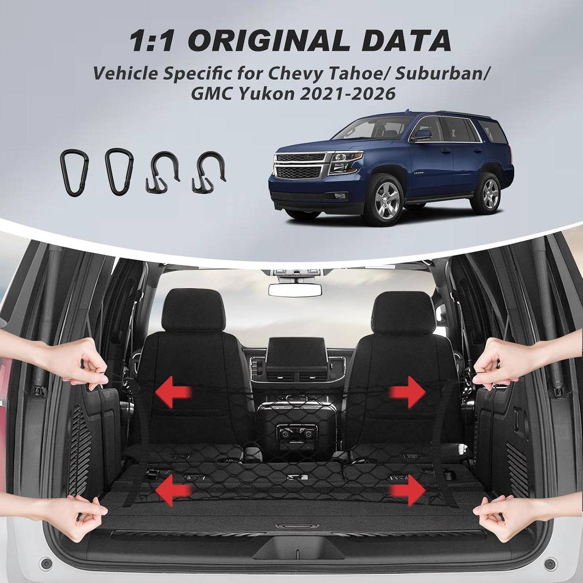Karltys Envelope Style Cargo Net for 2021-2025 2026 Chevy Tahoe/Suburban/GMC Yukon Accessories, Adjustable Rear Trunk Cargo Net for Chevrolet Tahoe, Heavy Duty Elastic Netting Organizer for Yukon