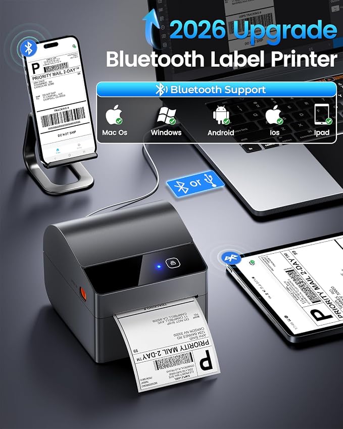ASprink Bluetooth Shipping Label Printer 4x6, 2026 Upgraded Thermal Label