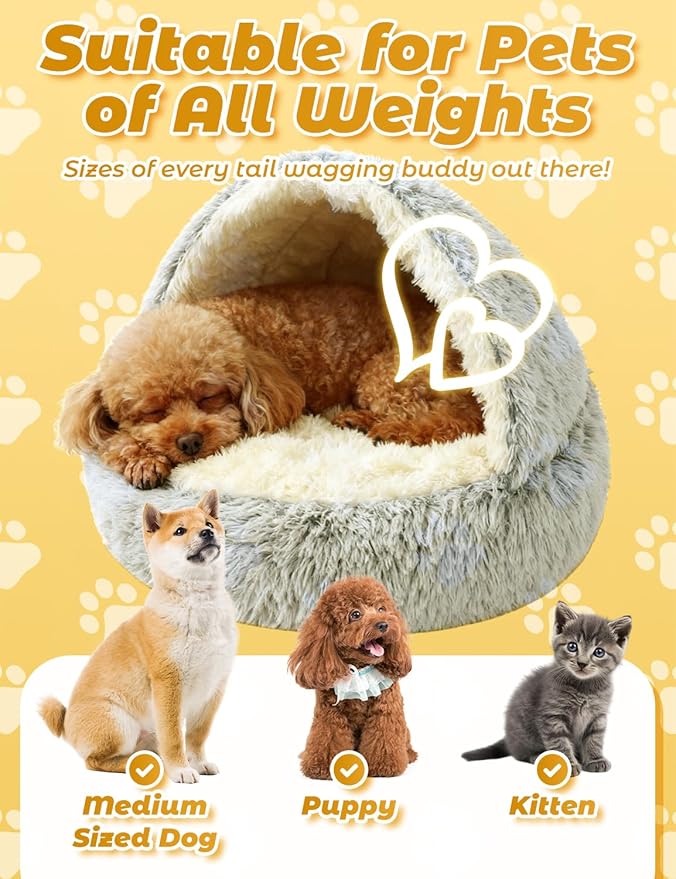 Dog Bed, Dog Bed with Cover Cave, Dual Comfort Design, Pet Bed for Small/Medium/Large Cats and Dogs, Anxiety Relief, Durable & Chew-Proof, Improves Sleep & Behaviour (Gray, 32in)