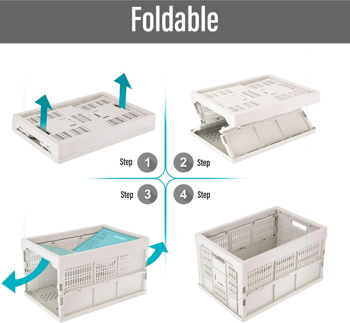 52L Collapsible Heavy Duty Storage Bin/Container, Stackable Folding Plastic Bin, Grated Wall, Utility (1, Square, 52, Liters, Bin Grey)