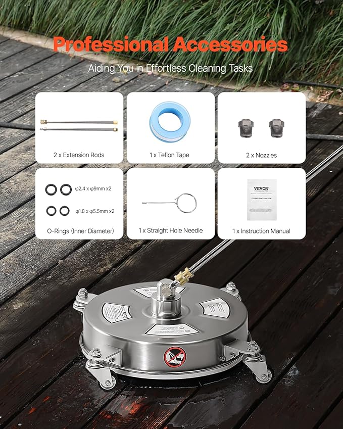 VEVOR 14 Inch Pressure Washer Surface Cleaner, 4000 PSI Stainless Steel Attachment with 4 Wheels, 2 Nozzles, 1/4 Inch Quick Connect and 2 Wands for Concrete, Patio, Deck