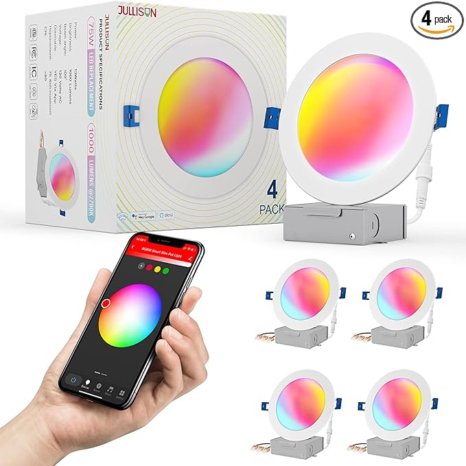 6" LED Smart Slim Recessed Pot Light, WiFi APP & Voice Control, 120VAC, 13W, 1000LM, RGB + 2700K-6000K, ETL & FCC & IC Rated, Wet Location, Compatible with Alexa/Google Home, White - 4 Packs