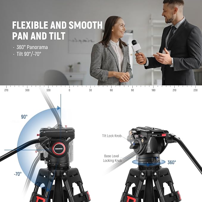 NEEWER 74" Video Tripod with Fluid Head & Damping Control, Aluminum Heavy Duty