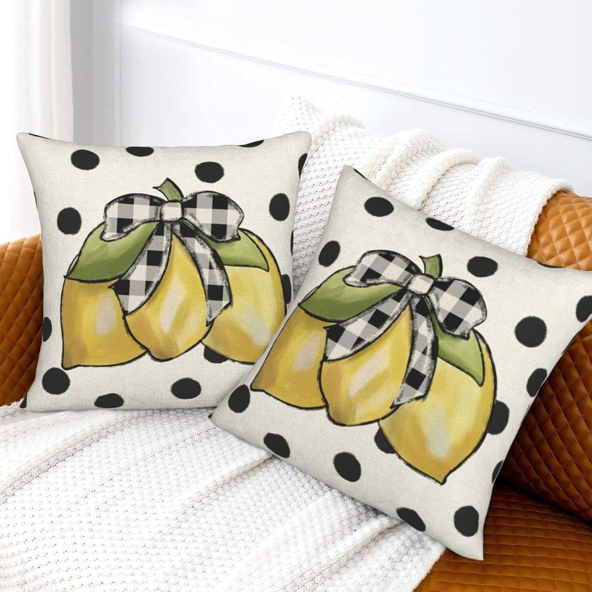 Summer Pillow Covers 18x18 Set of 2, Yellow Lemons Polka Dots Decorative Throw Pillow Cases Watercolor Summer Seasonal Linen Decorations for Home Bed Car Spring Decor