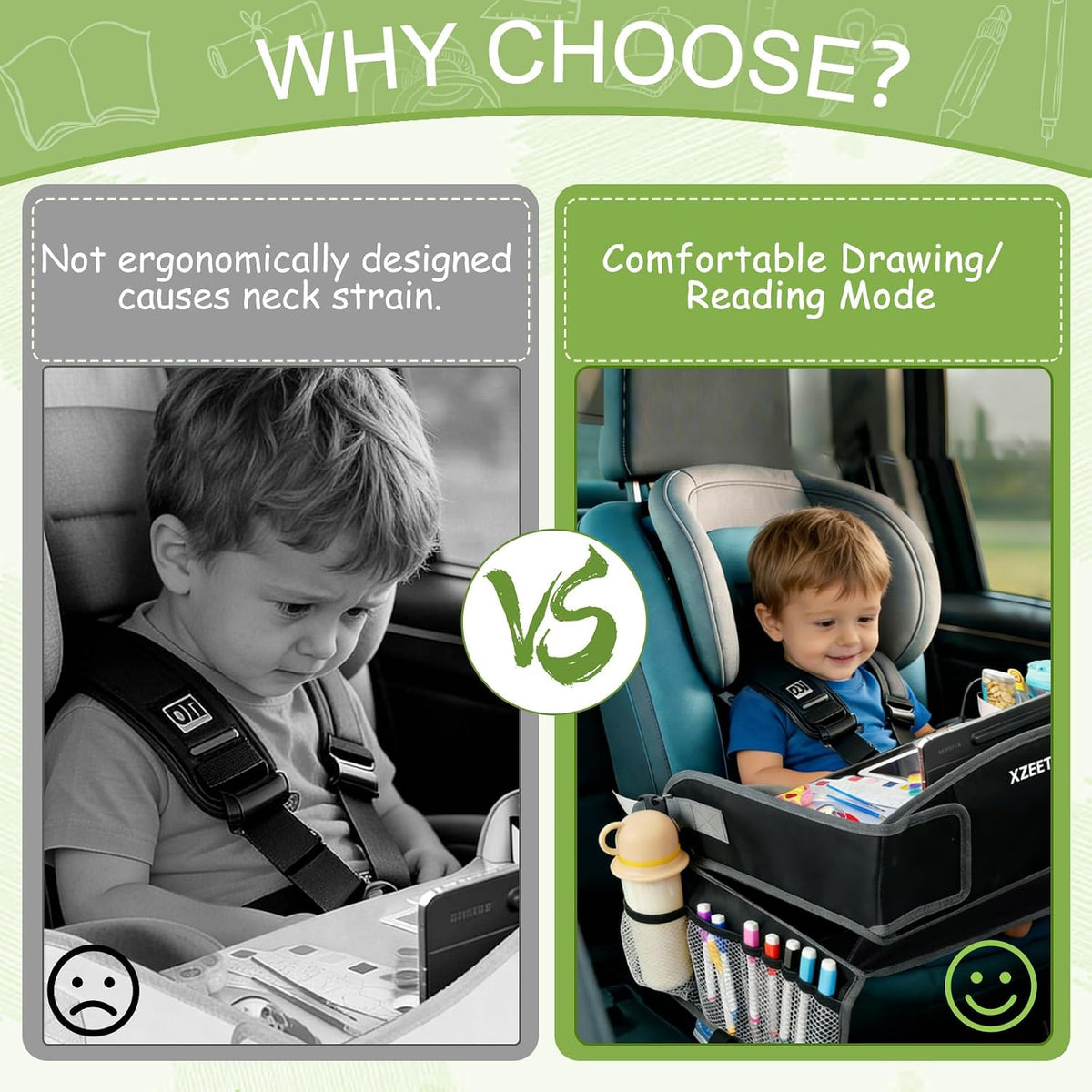 Kids Travel Tray for Car Lap Desk for Kids Ergonomic Elevated Angle Car Seat Tray with Cup Holder Storage Pockets Ideal Travel Essentials for Long Trips
