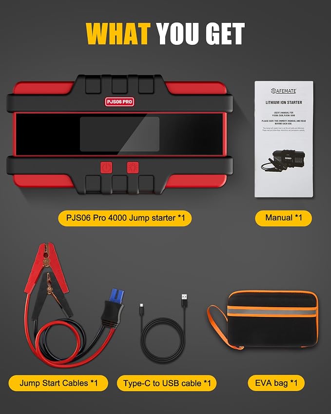 PJS06 Pro 4000A Car Jump Starter - Portable Power Bank with 40W Fast Charge, 10L Gas/9L Diesel Engine Starter, 3S Quick Start, Voltage Detector, LED Light, 10 Protections