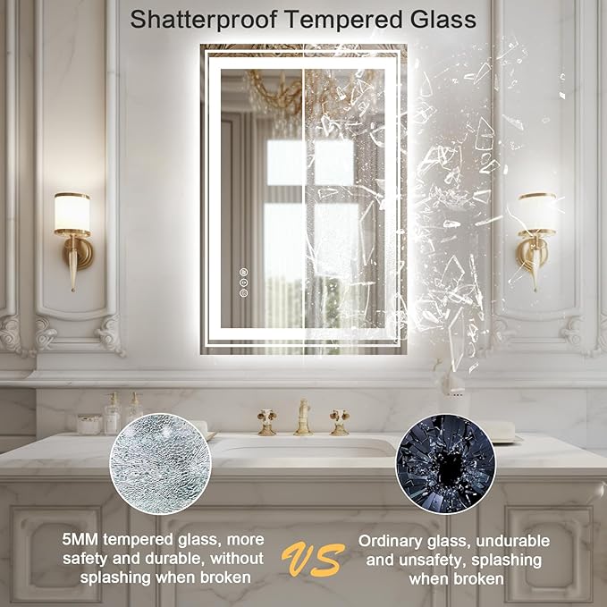 WTTY LED Bathroom Mirror with Backlit and Front Light,24"x36",Dimmable LED Mirror for Bathroom,Anti-Fog Lighted Bathroom Vanity Mirror Modern for Wall,Memory Function,Shatter-Proof
